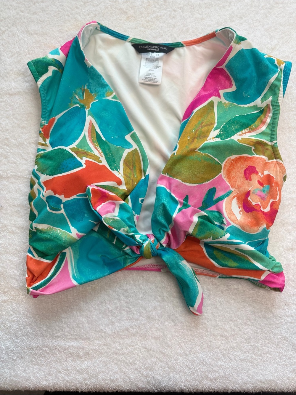 Carmen Marc Valvo Teal Multi Floral Tie-Front Crop Top